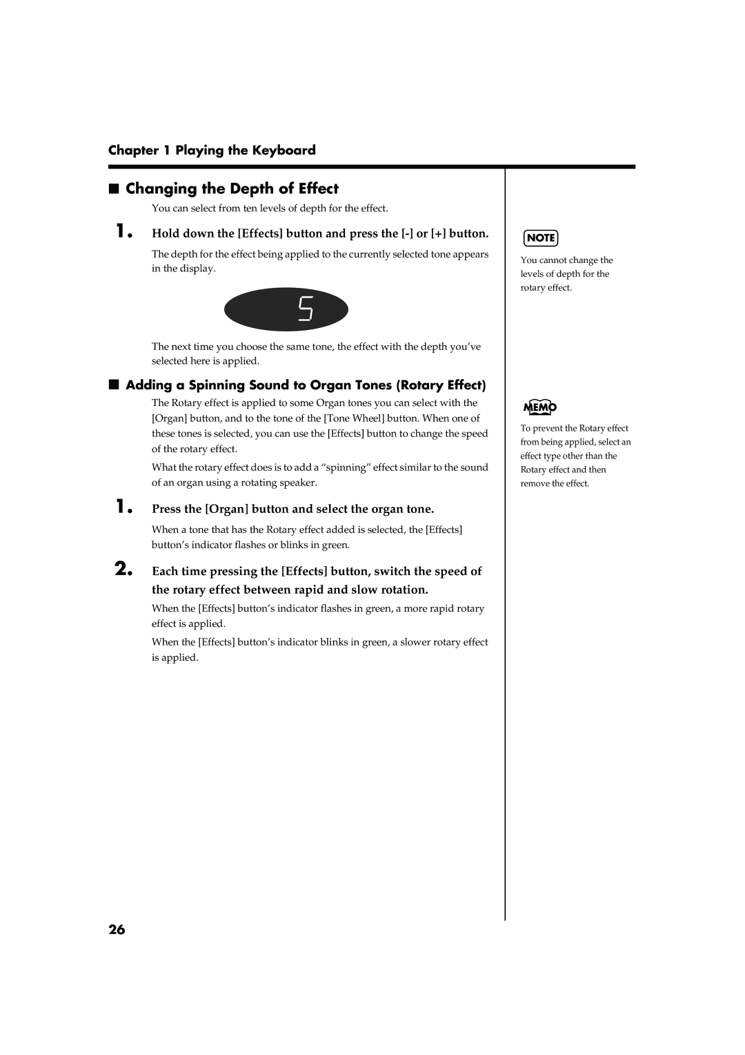 Roland FP-5 owner manual Changing the Depth of Effect, Hold down the Effects button and press the or + button 