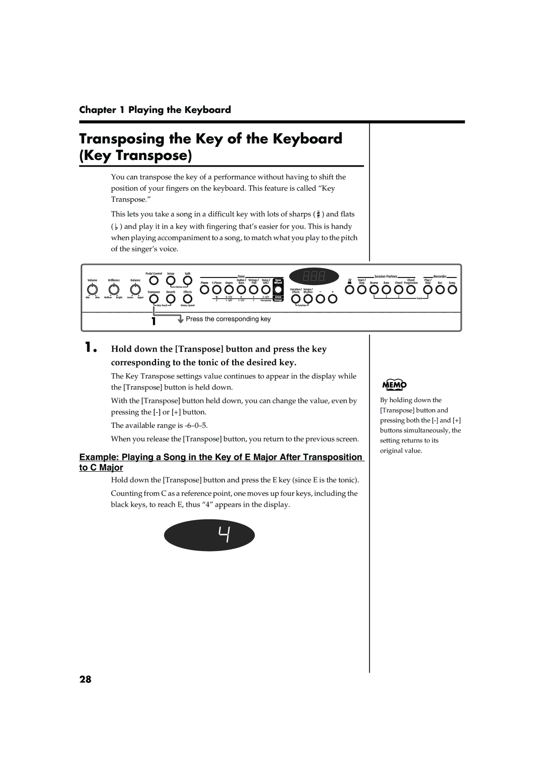 Roland FP-5 owner manual Transposing the Key of the Keyboard Key Transpose 