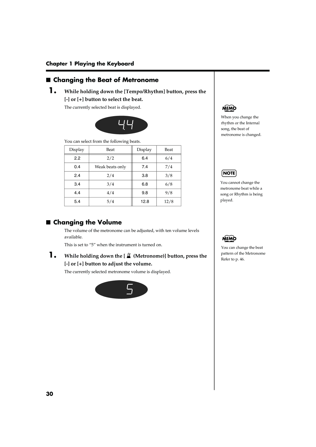 Roland FP-5 owner manual Changing the Beat of Metronome, Changing the Volume 