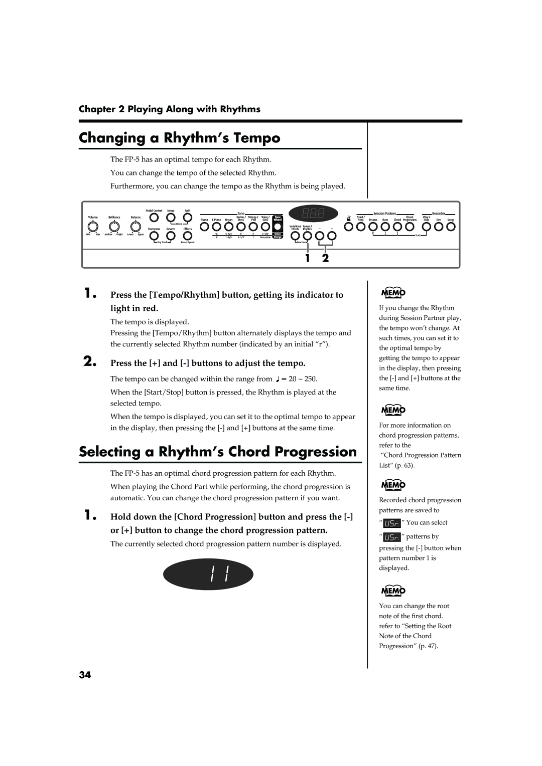 Roland FP-5 Changing a Rhythm’s Tempo, Selecting a Rhythm’s Chord Progression, Press the + and buttons to adjust the tempo 