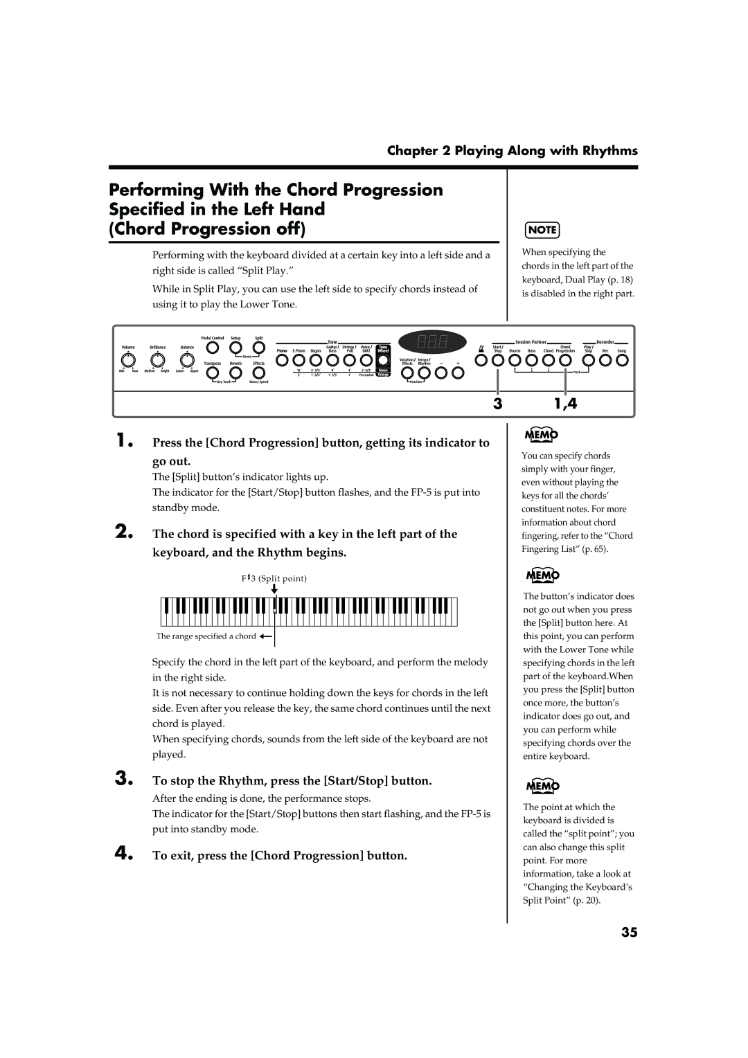 Roland FP-5 owner manual To stop the Rhythm, press the Start/Stop button, To exit, press the Chord Progression button 