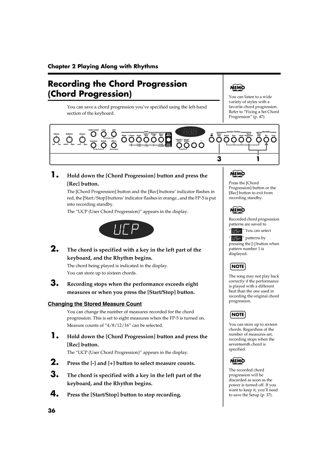 Roland FP-5 Recording the Chord Progression Chord Progression, Hold down the Chord Progression button and press Rec button 