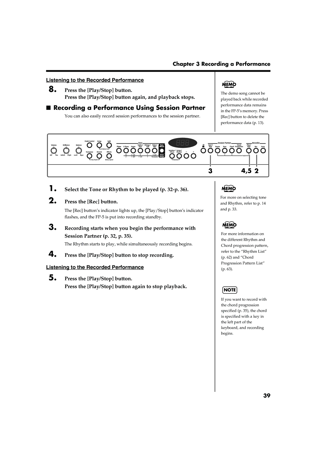 Roland FP-5 owner manual Recording a Performance Using Session Partner, Press the Play/Stop button to stop recording 