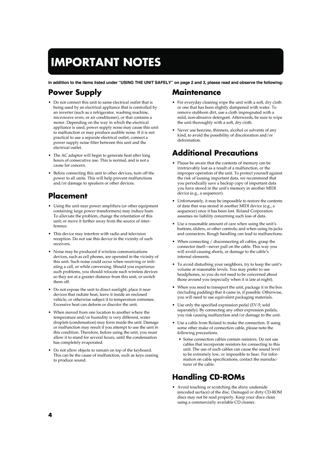 Roland FP-5 owner manual Power Supply, Placement, Maintenance, Additional Precautions, Handling CD-ROMs 