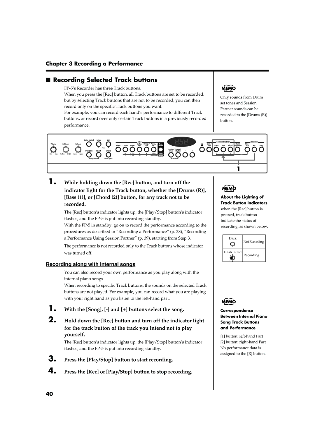 Roland FP-5 owner manual Recording Selected Track buttons, Recording a Performance, Recording along with internal songs 