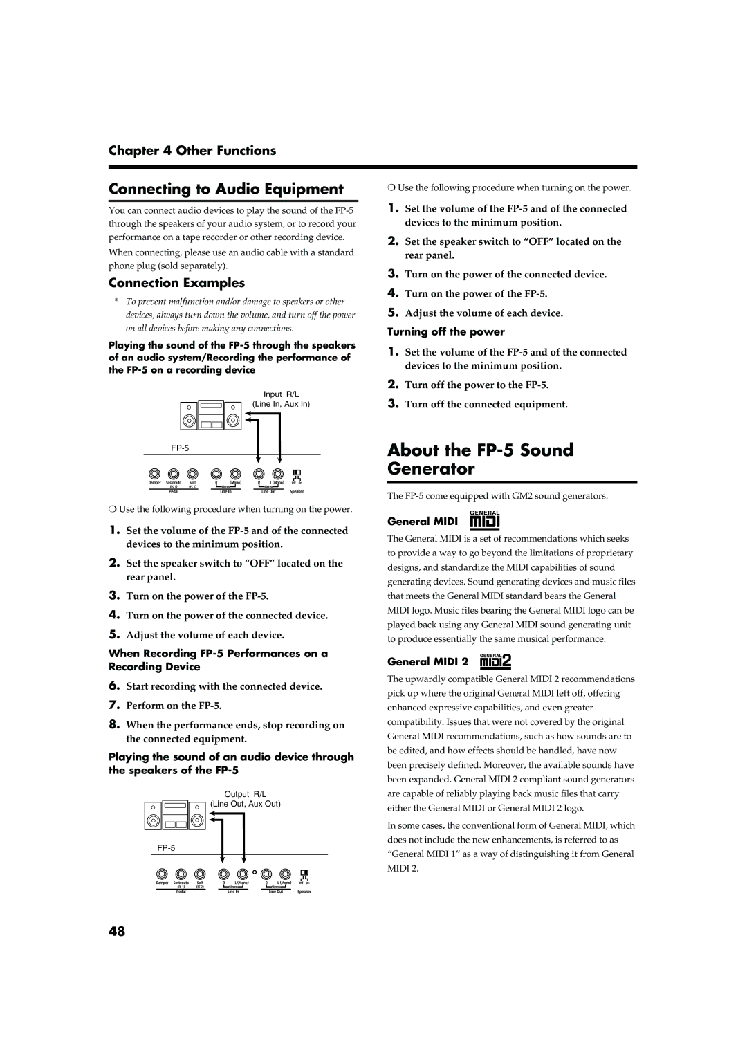 Roland owner manual About the FP-5 Sound Generator, Connecting to Audio Equipment, Connection Examples 