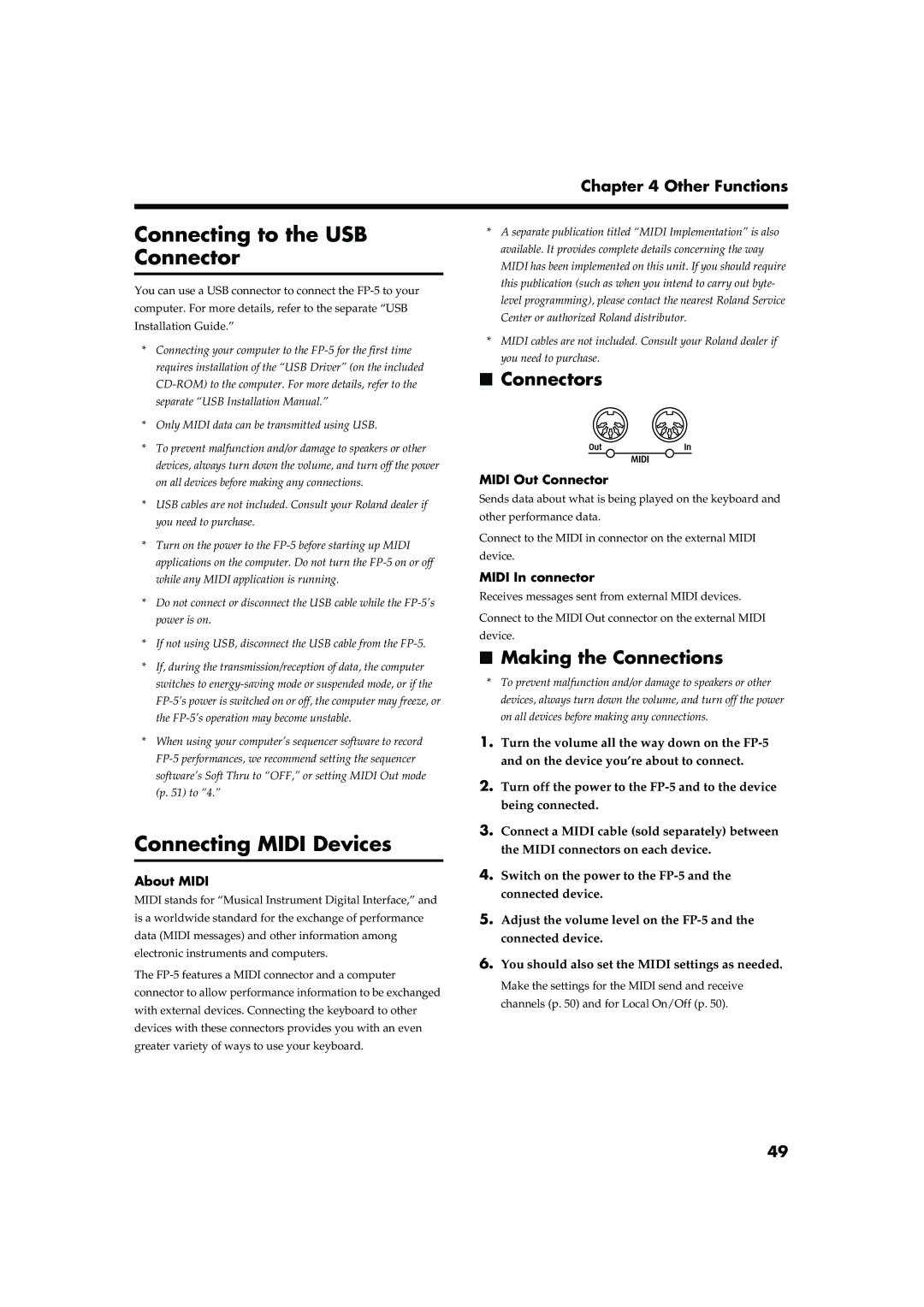 Roland FP-5 owner manual Connecting to the USB Connector, Connecting Midi Devices, Connectors, Making the Connections 