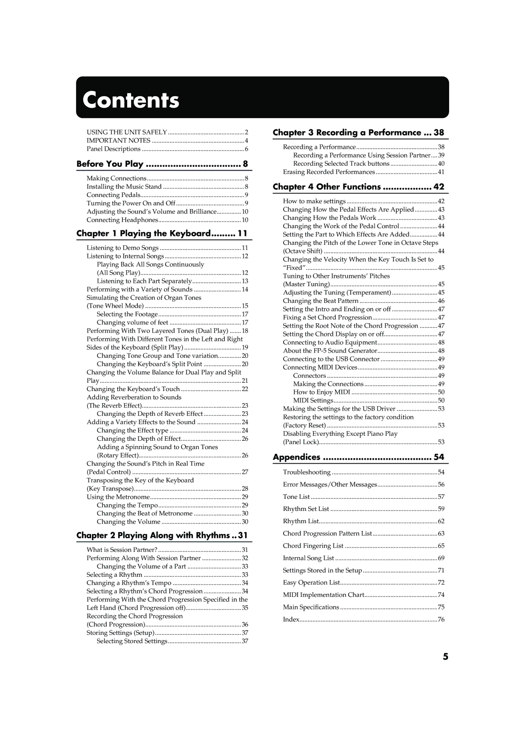 Roland FP-5 owner manual Contents 