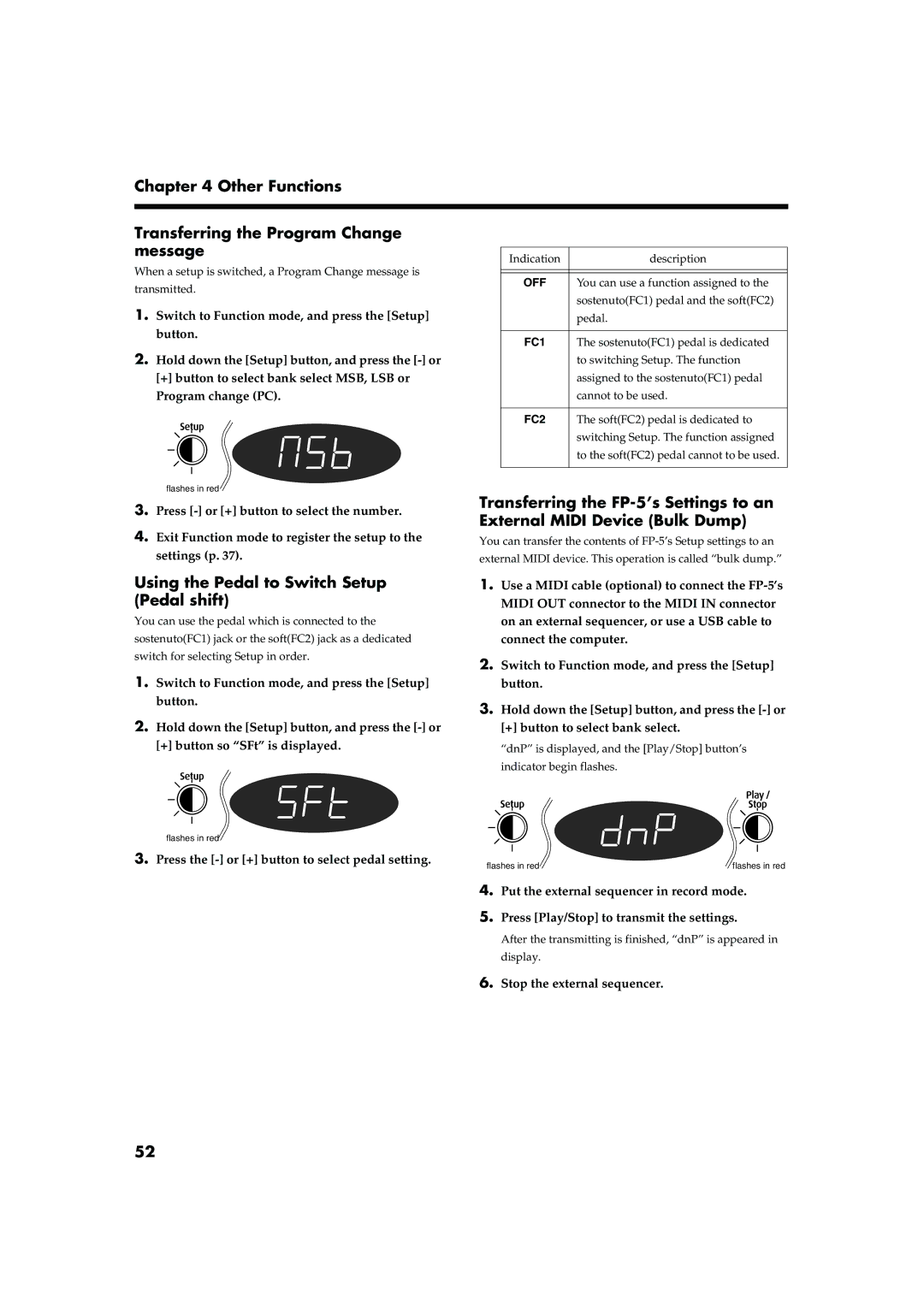 Roland FP-5 Other Functions Transferring the Program Change message, Using the Pedal to Switch Setup Pedal shift 