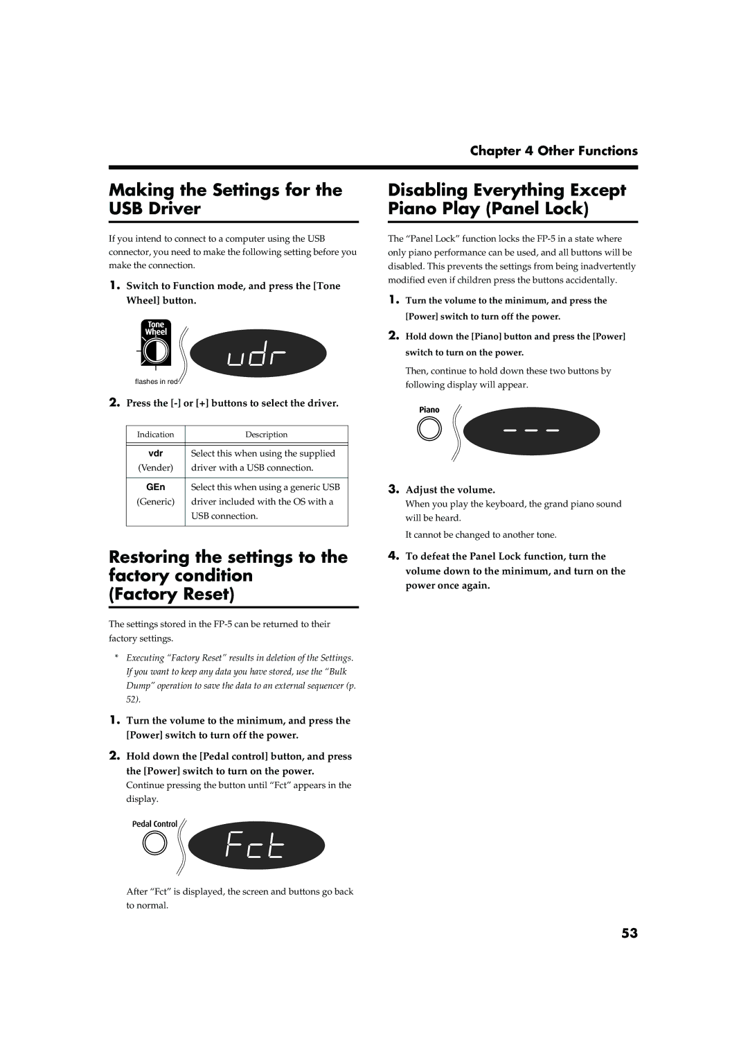 Roland FP-5 Making the Settings for the USB Driver, Disabling Everything Except Piano Play Panel Lock, Adjust the volume 