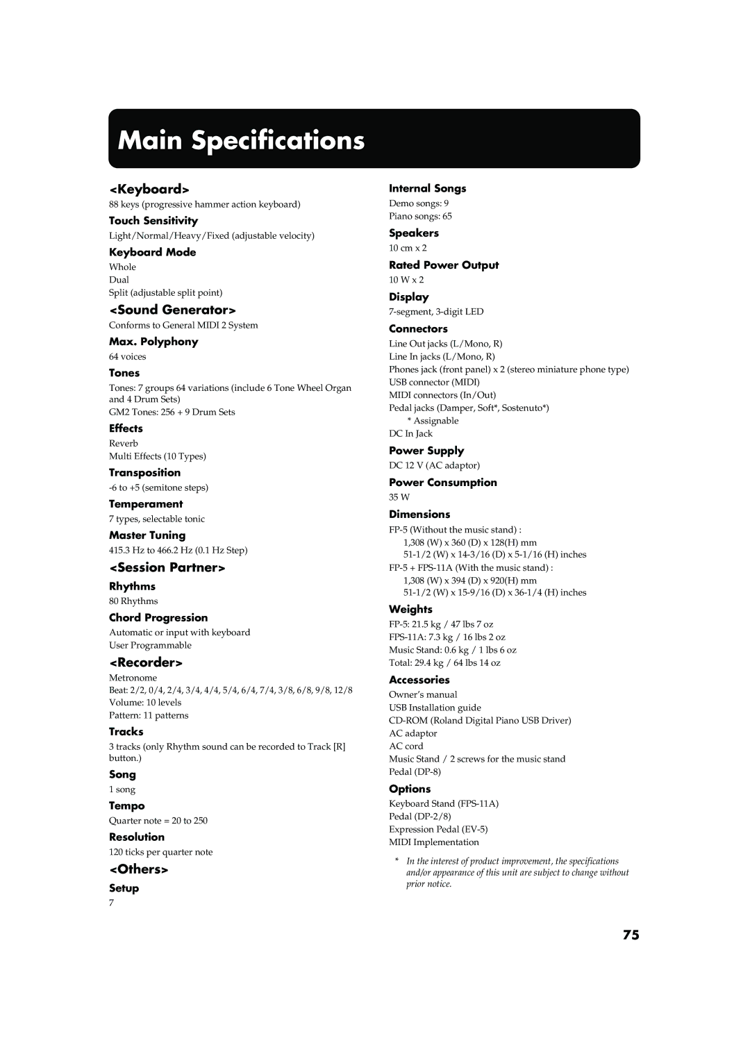 Roland FP-5 owner manual Main Specifications 