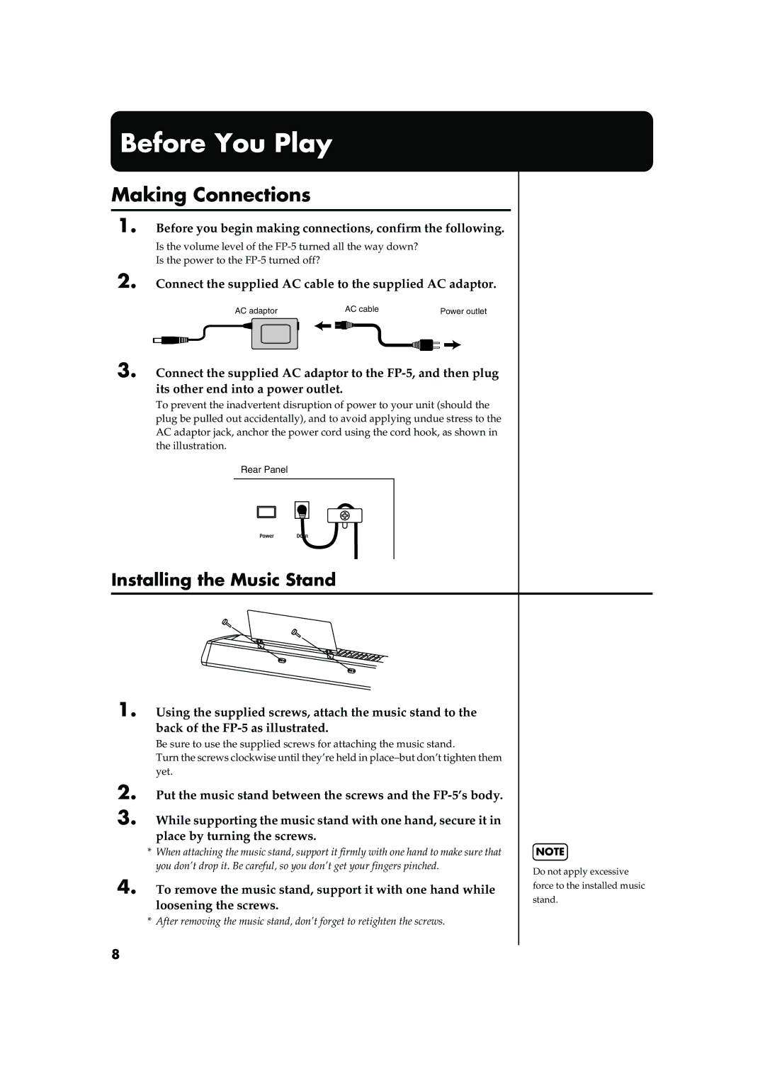 Roland FP-5 owner manual Before You Play, Making Connections, Installing the Music Stand 