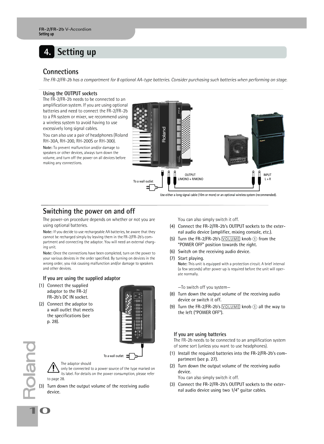 Roland FR-2b owner manual Setting up, Connections, Switching the power on and off 