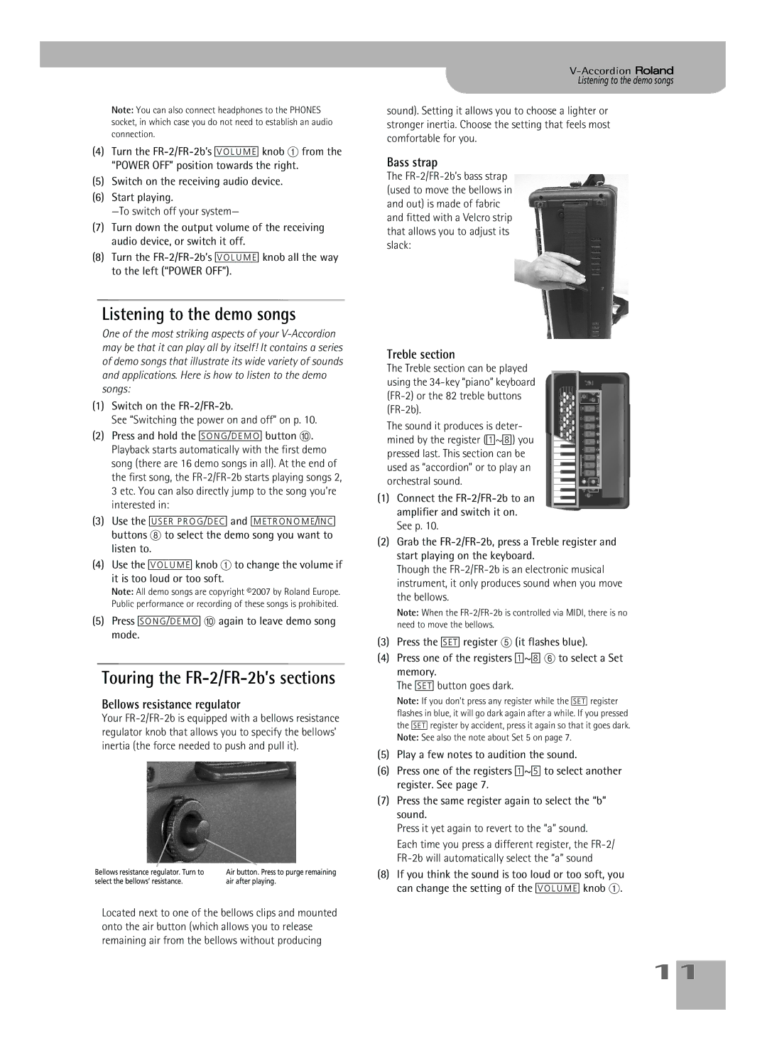 Roland FR-2b owner manual Listening to the demo songs, Bellows resistance regulator, Bass strap, Treble section 