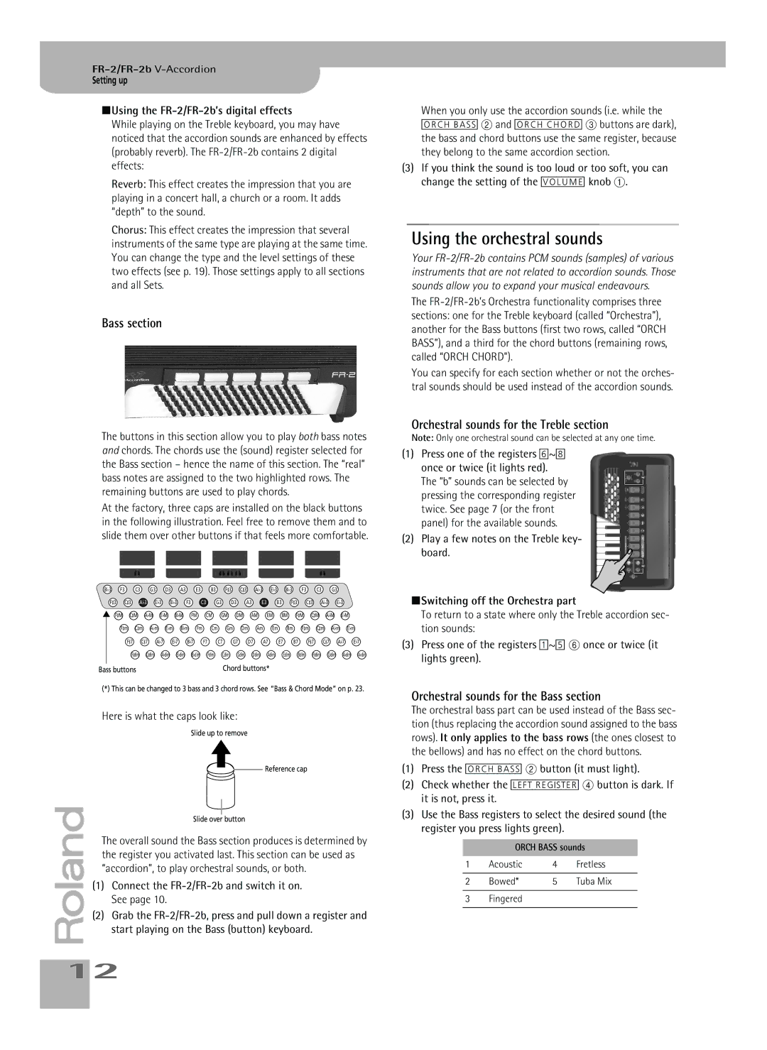 Roland FR-2b owner manual Using the orchestral sounds, Bass section, Orchestral sounds for the Treble section 