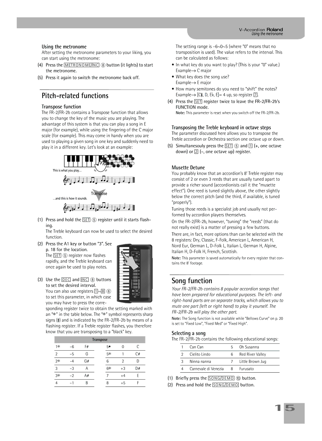 Roland FR-2b owner manual Pitch-related functions, Song function 