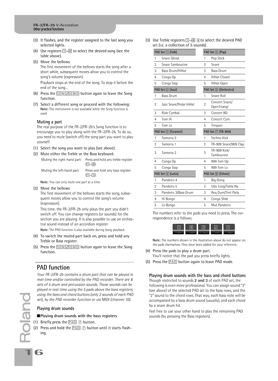 Roland FR-2b owner manual PAD function, Muting a part, Playing drum sounds with the bass and chord buttons 