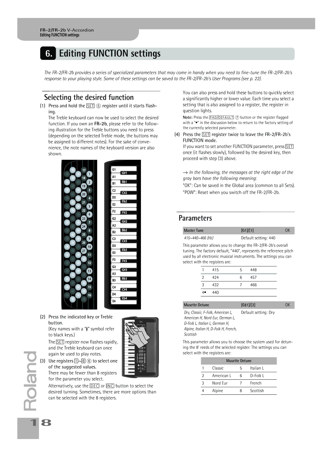 Roland FR-2 Editing Function settings, Selecting the desired function, Parameters, Can be selected with the 8 registers 