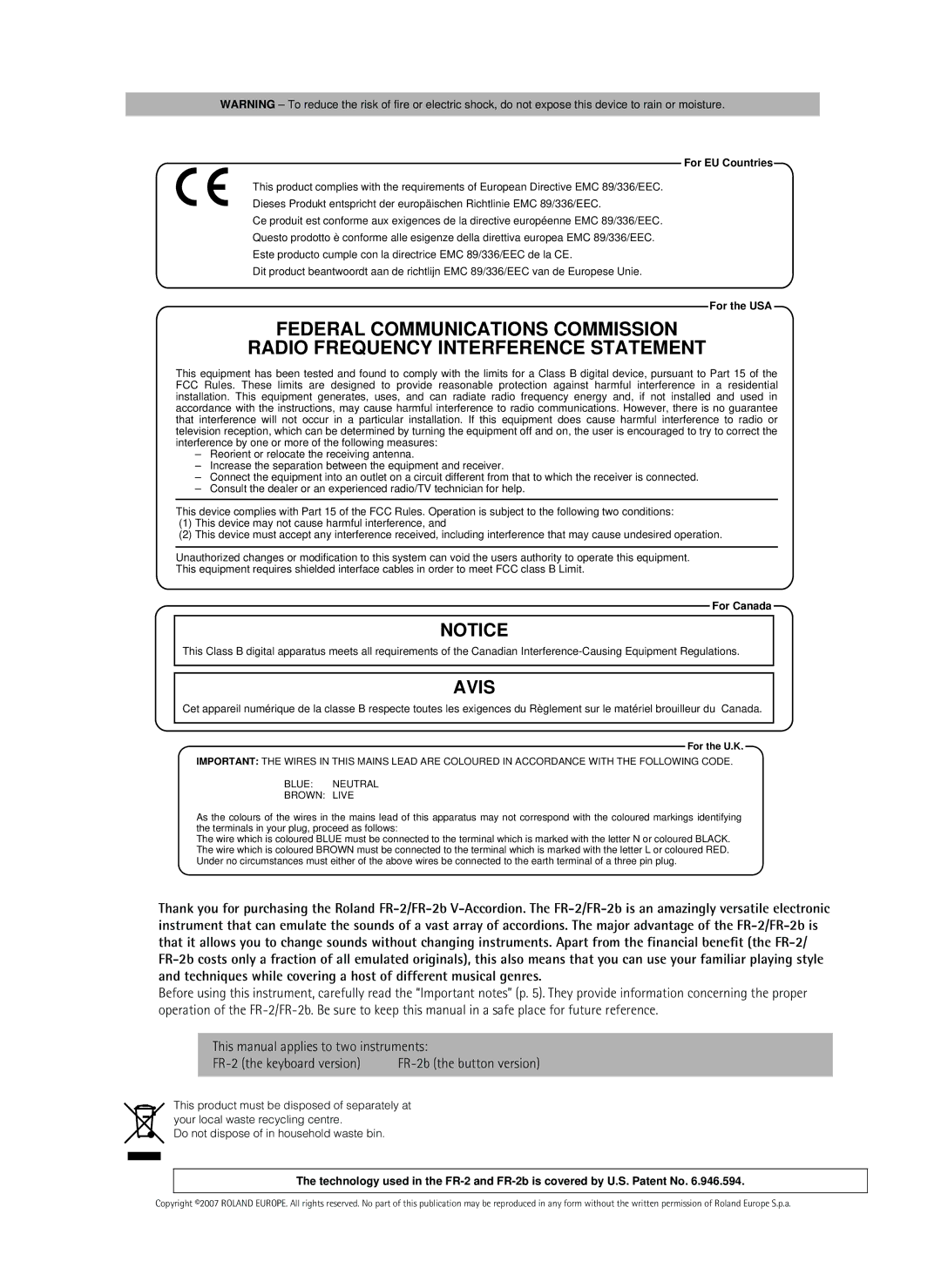 Roland FR-2b owner manual Avis 