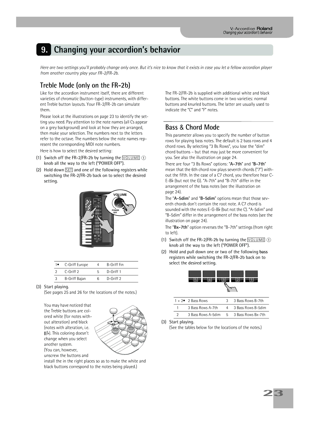 Roland owner manual Changing your accordion’s behavior, Treble Mode only on the FR-2b, Bass & Chord Mode 