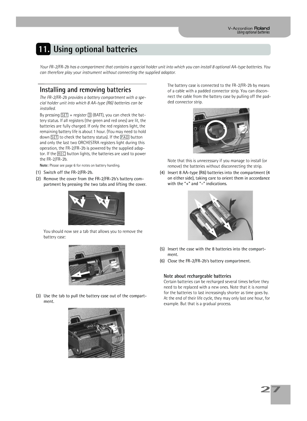 Roland owner manual Using optional batteries, Installing and removing batteries, Switch off the FR-2/FR-2b 