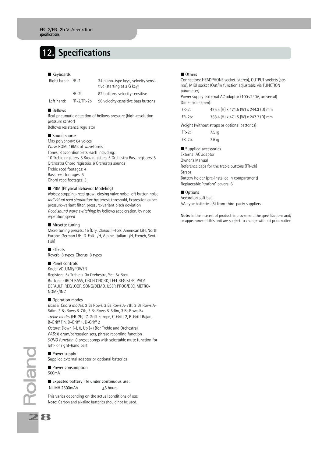 Roland FR-2b owner manual Specifications 