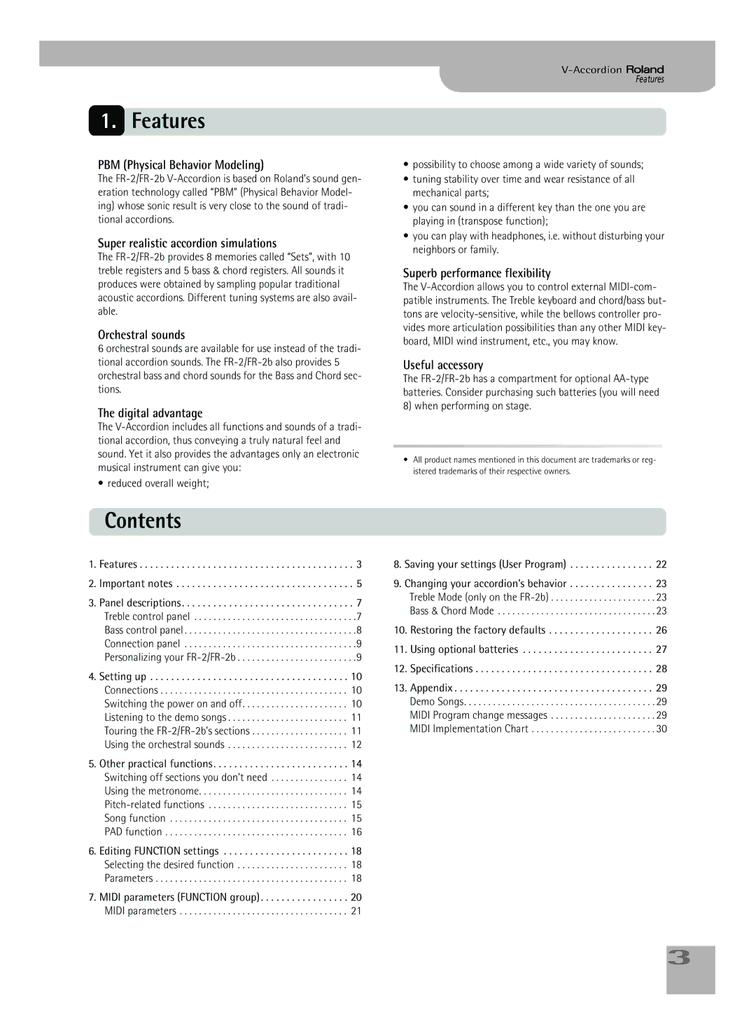 Roland FR-2b owner manual Features, Contents 