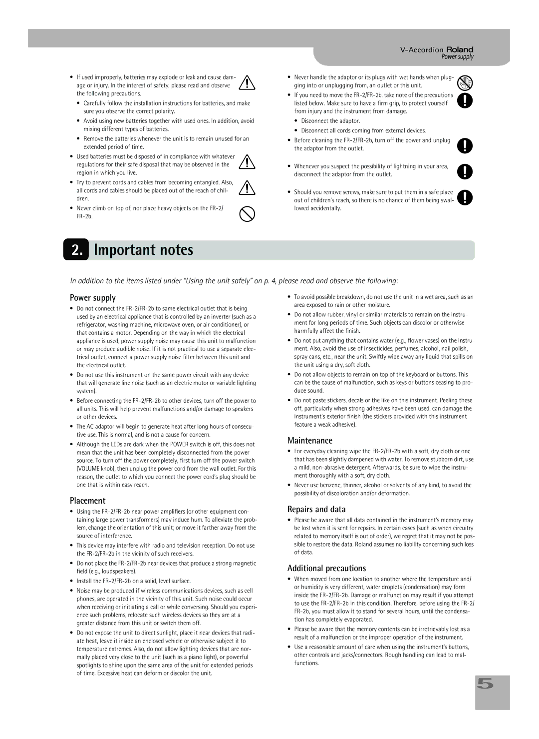 Roland FR-2b owner manual Important notes 