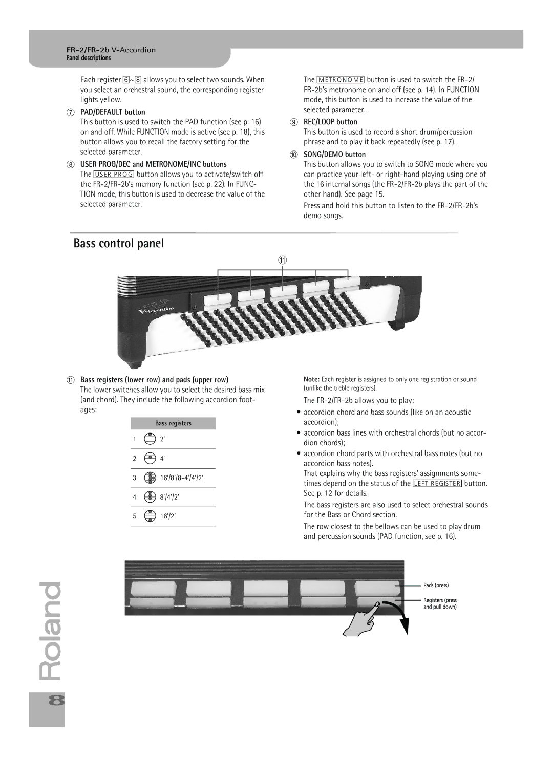 Roland FR-2b owner manual Bass control panel 