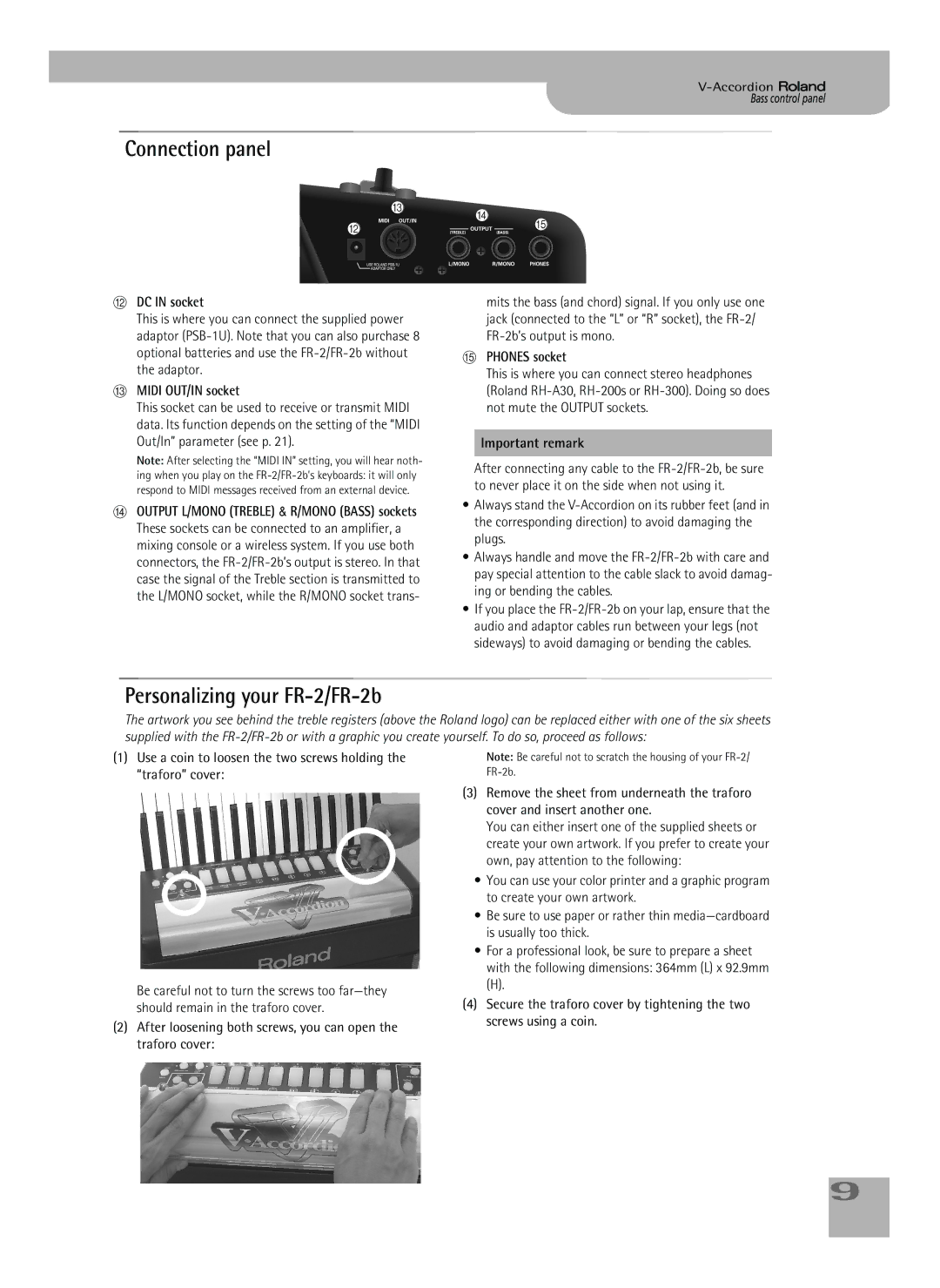 Roland owner manual Connection panel, Personalizing your FR-2/FR-2b 