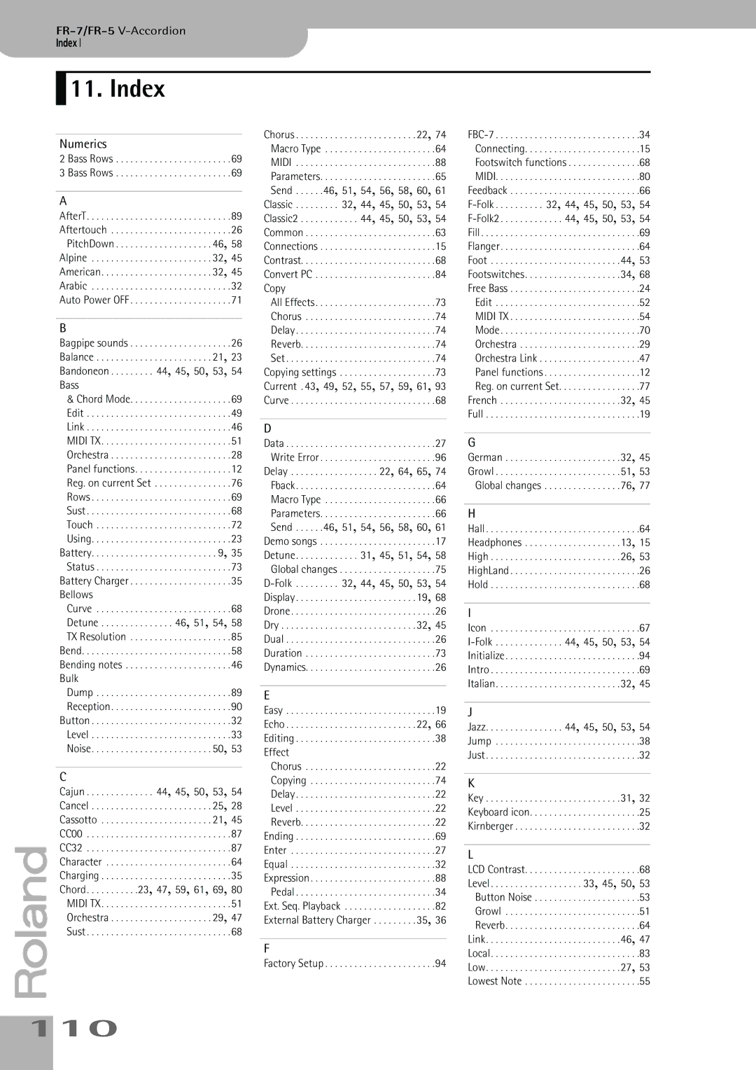 Roland FR-7, FR-5 owner manual Index, 110, Numerics, Bulk 