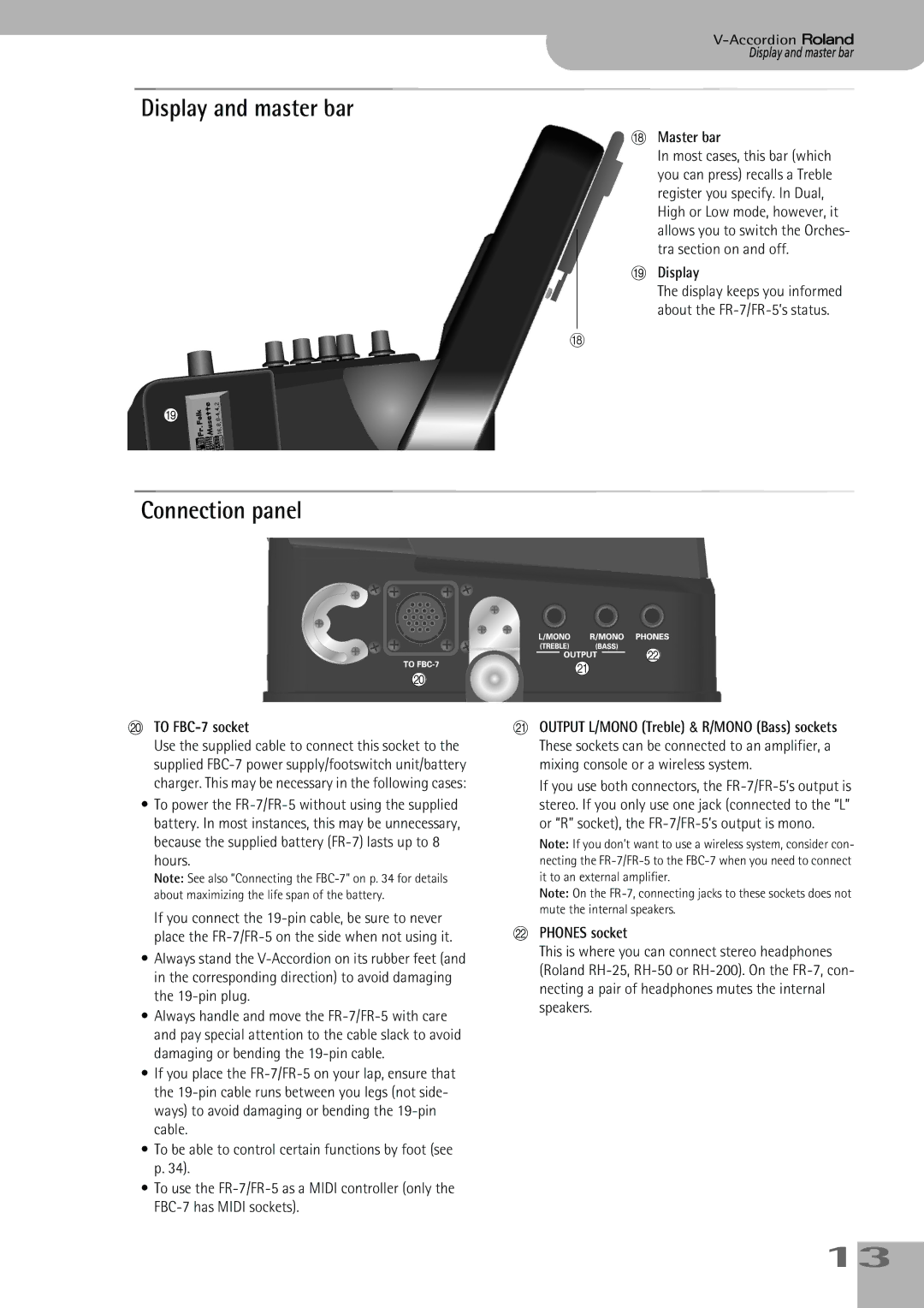 Roland FR-5, FR-7 owner manual Display and master bar, Connection panel 