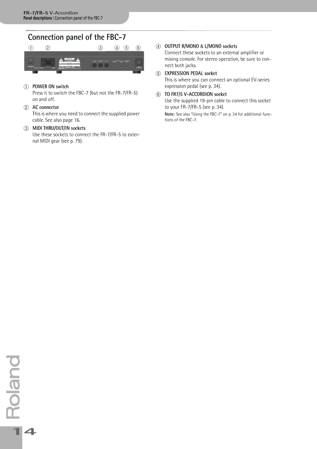 Roland FR-7, FR-5 owner manual Connection panel of the FBC-7 