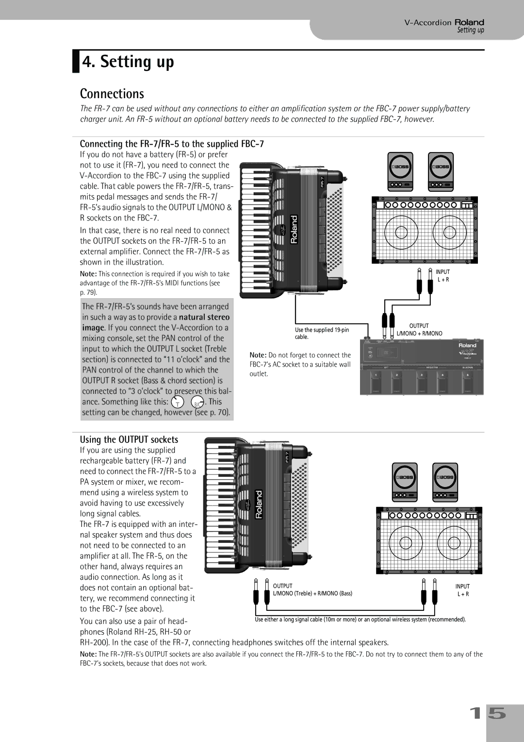 Roland owner manual Setting up, Connections, Connecting the FR-7/FR-5 to the supplied FBC-7, Using the Output sockets 