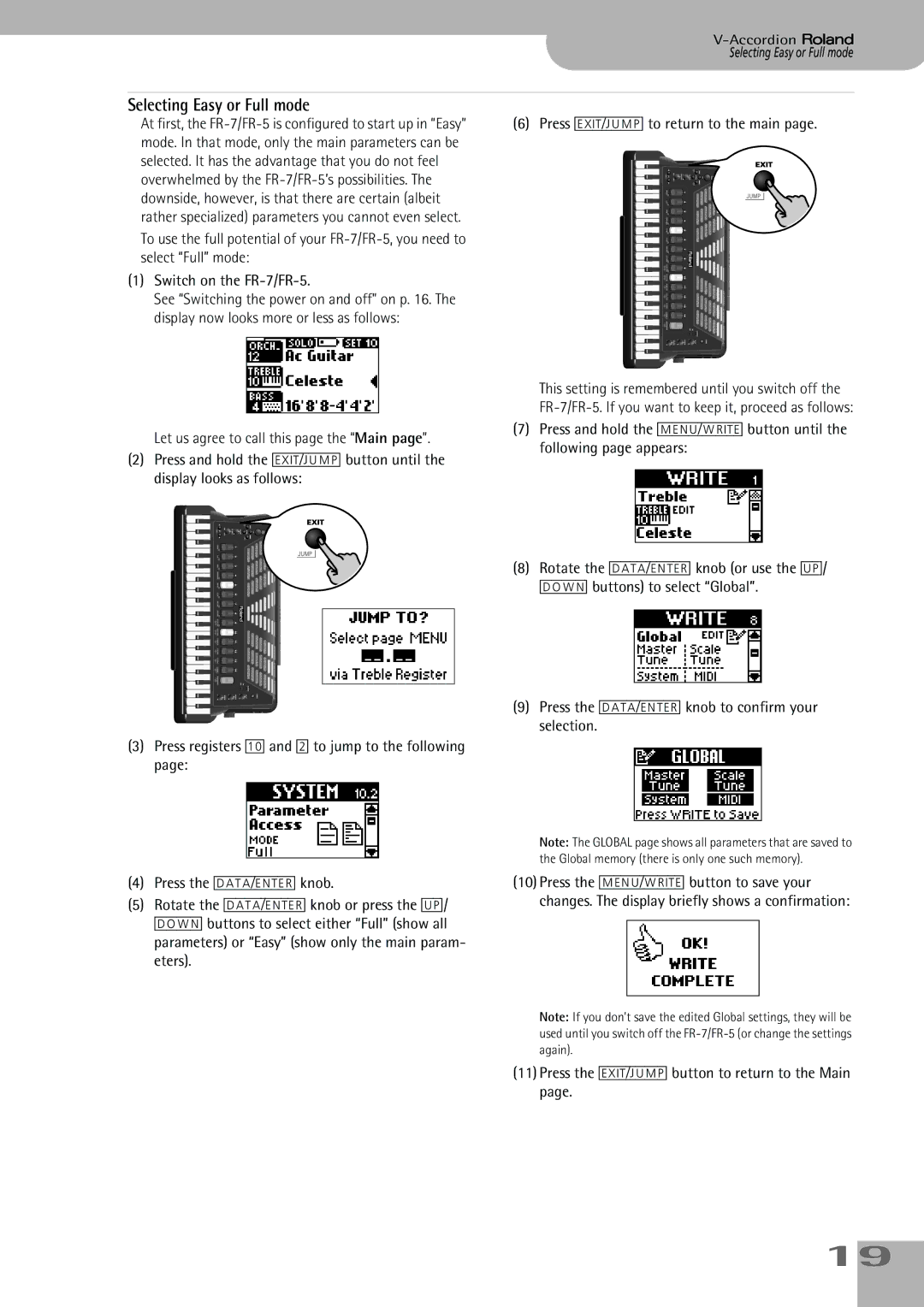 Roland FR-5, FR-7 owner manual Selecting Easy or Full mode, Press the EXIT÷JUMP button to return to the Main 