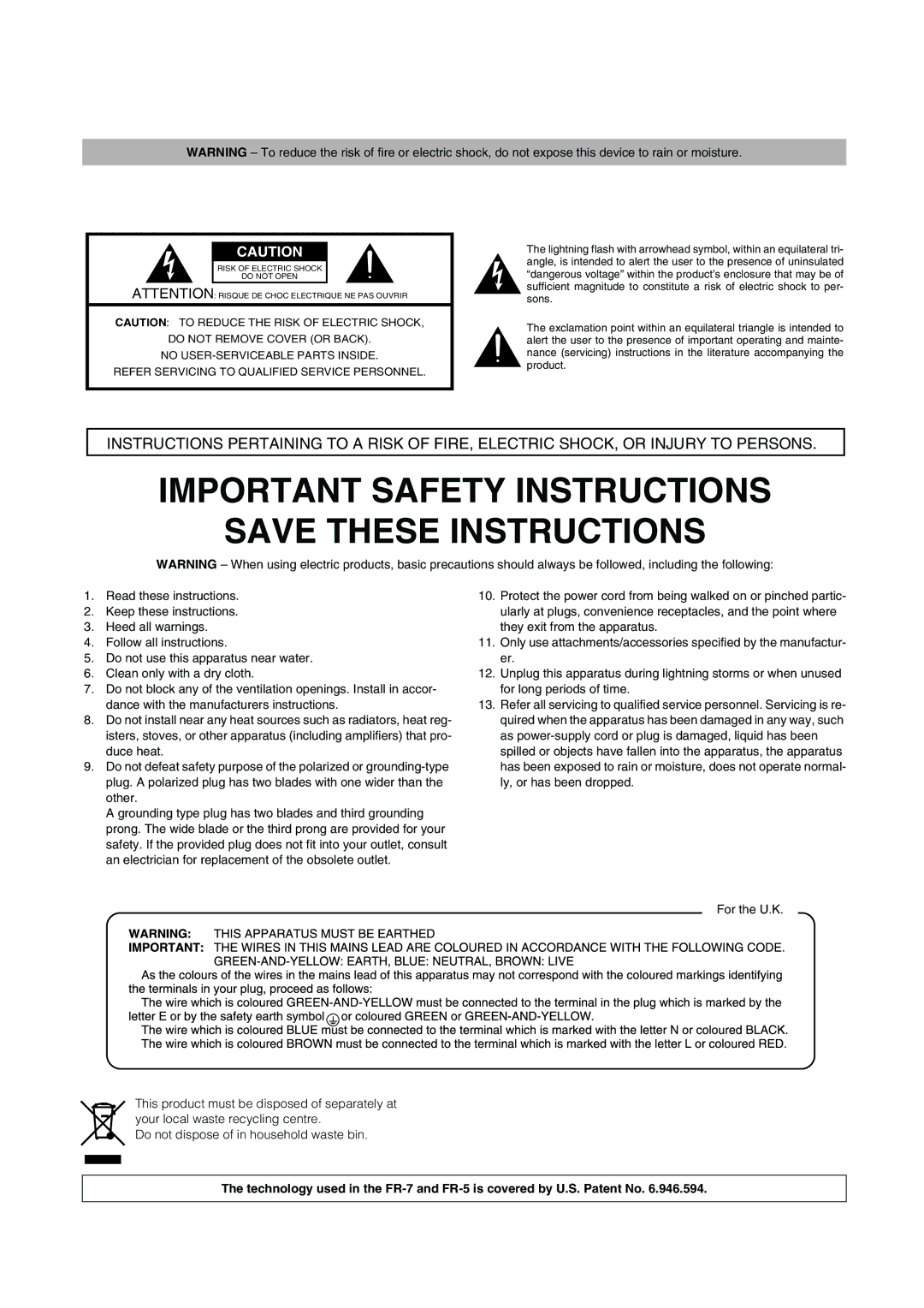 Roland FR-7, FR-5 owner manual Important Safety Instructions 