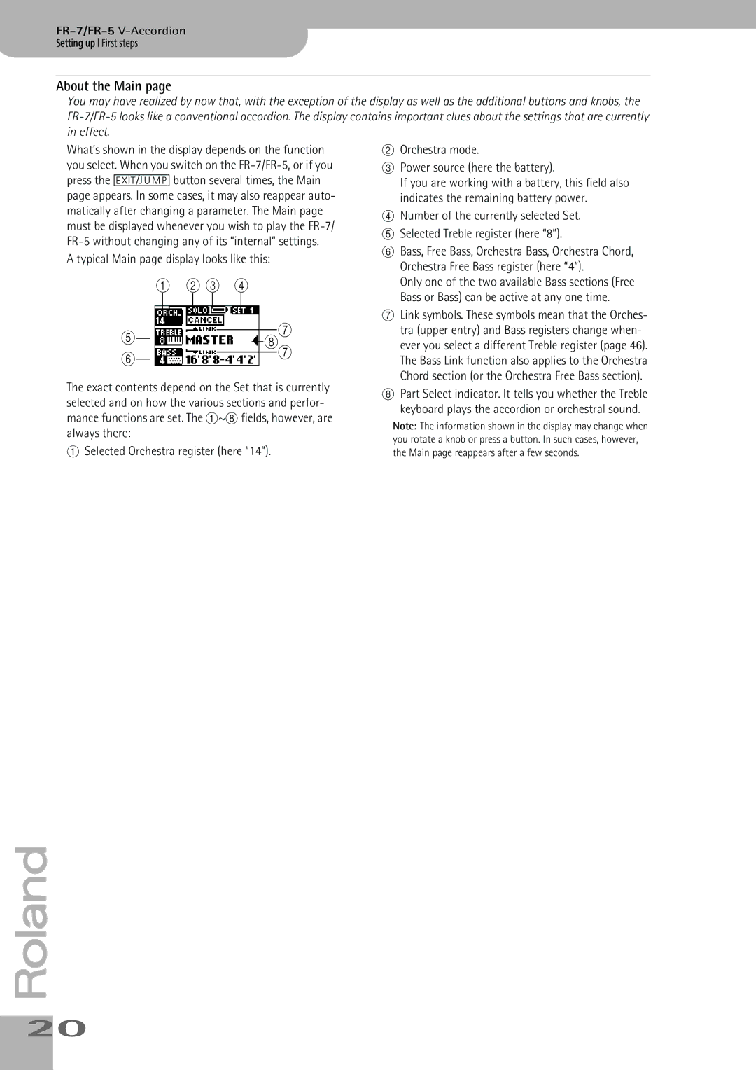 Roland FR-7, FR-5 owner manual About the Main, Typical Main page display looks like this 