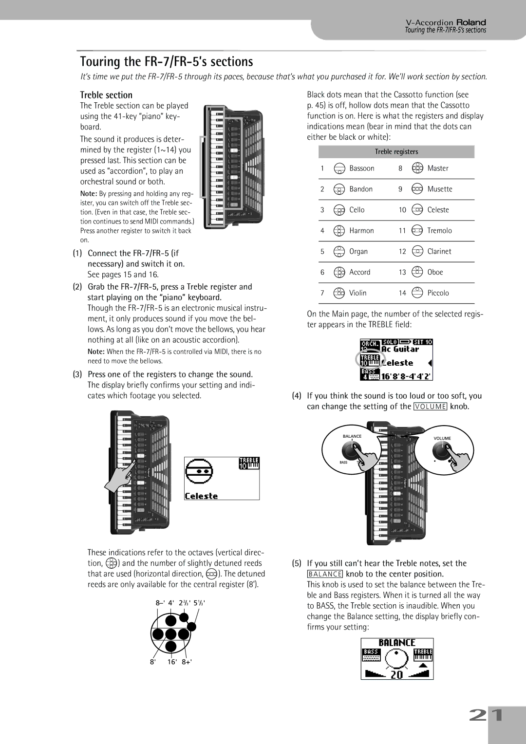 Roland owner manual Touring the FR-7/FR-5’s sections, Treble section, Bassoon Master Bandon, Accord Oboe Violin 