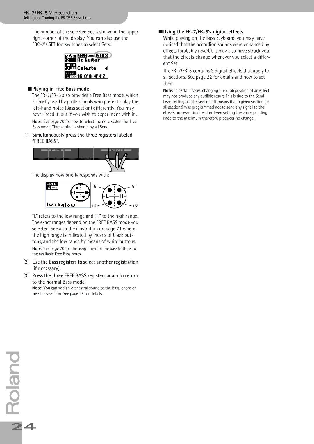Roland FR-7, FR-5 owner manual Playing in Free Bass mode, Simultaneously press the three registers labeled Free Bass 
