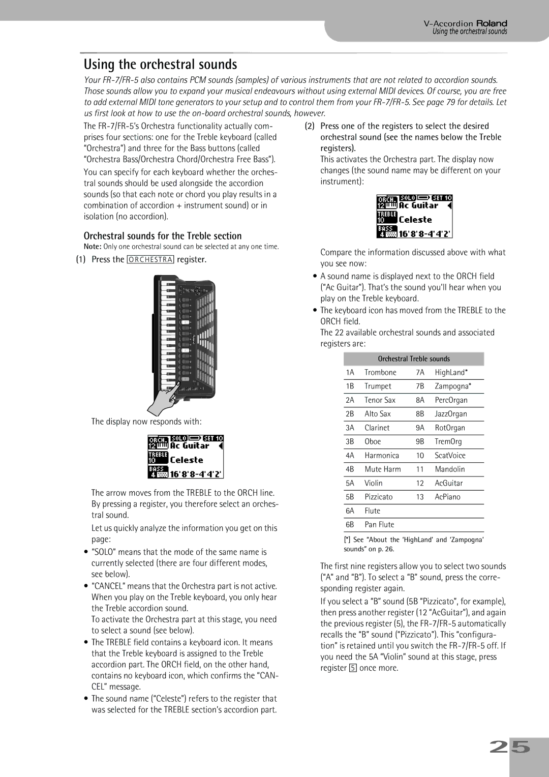 Roland FR-5, FR-7 owner manual Using the orchestral sounds, Orchestral sounds for the Treble section 