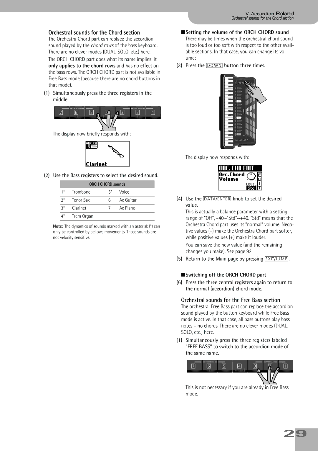 Roland FR-5, FR-7 owner manual Orchestral sounds for the Chord section, Orchestral sounds for the Free Bass section 