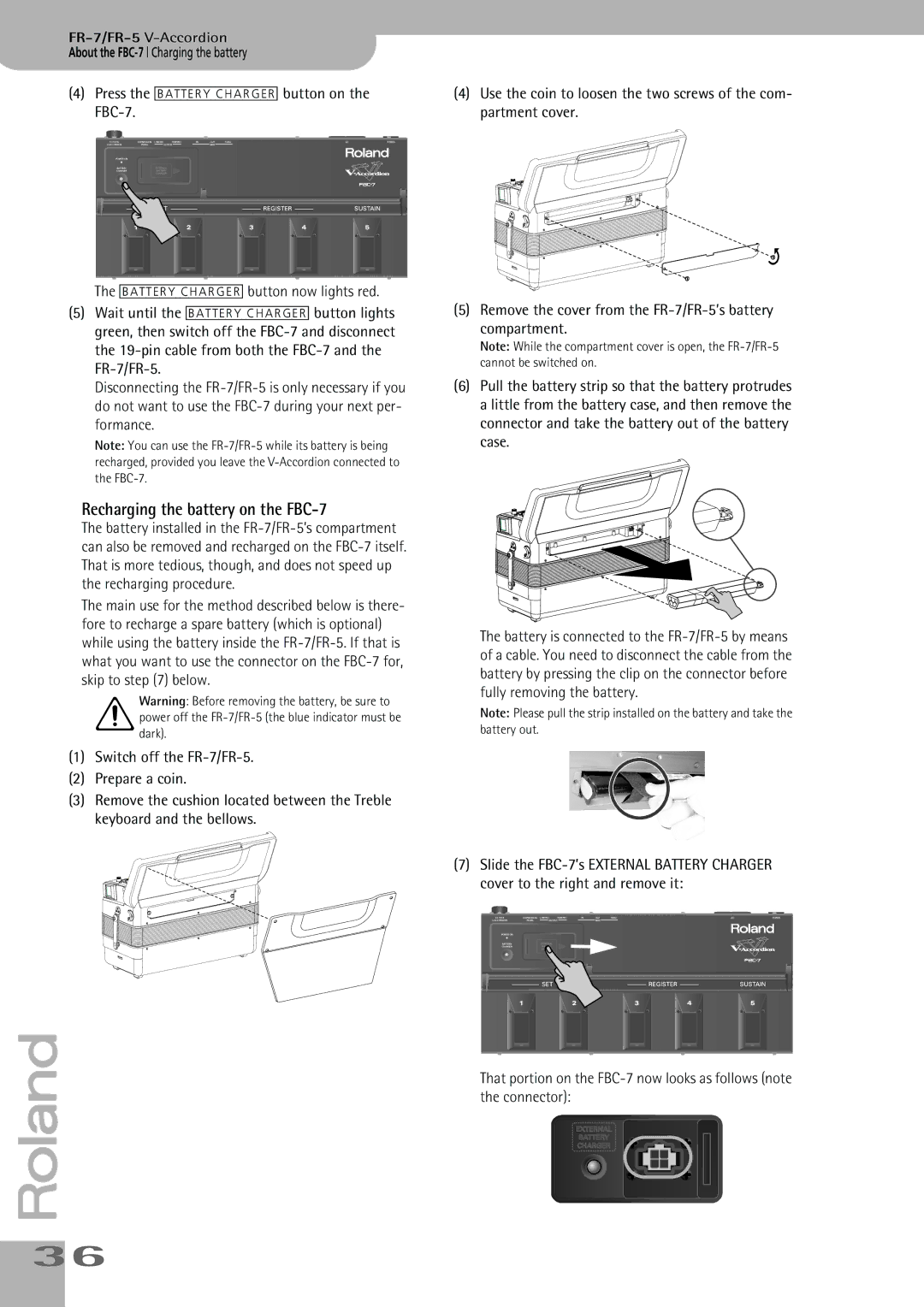 Roland owner manual Recharging the battery on the FBC-7, FR-7/FR-5V-Accordion About the FBC-7 Charging the battery 