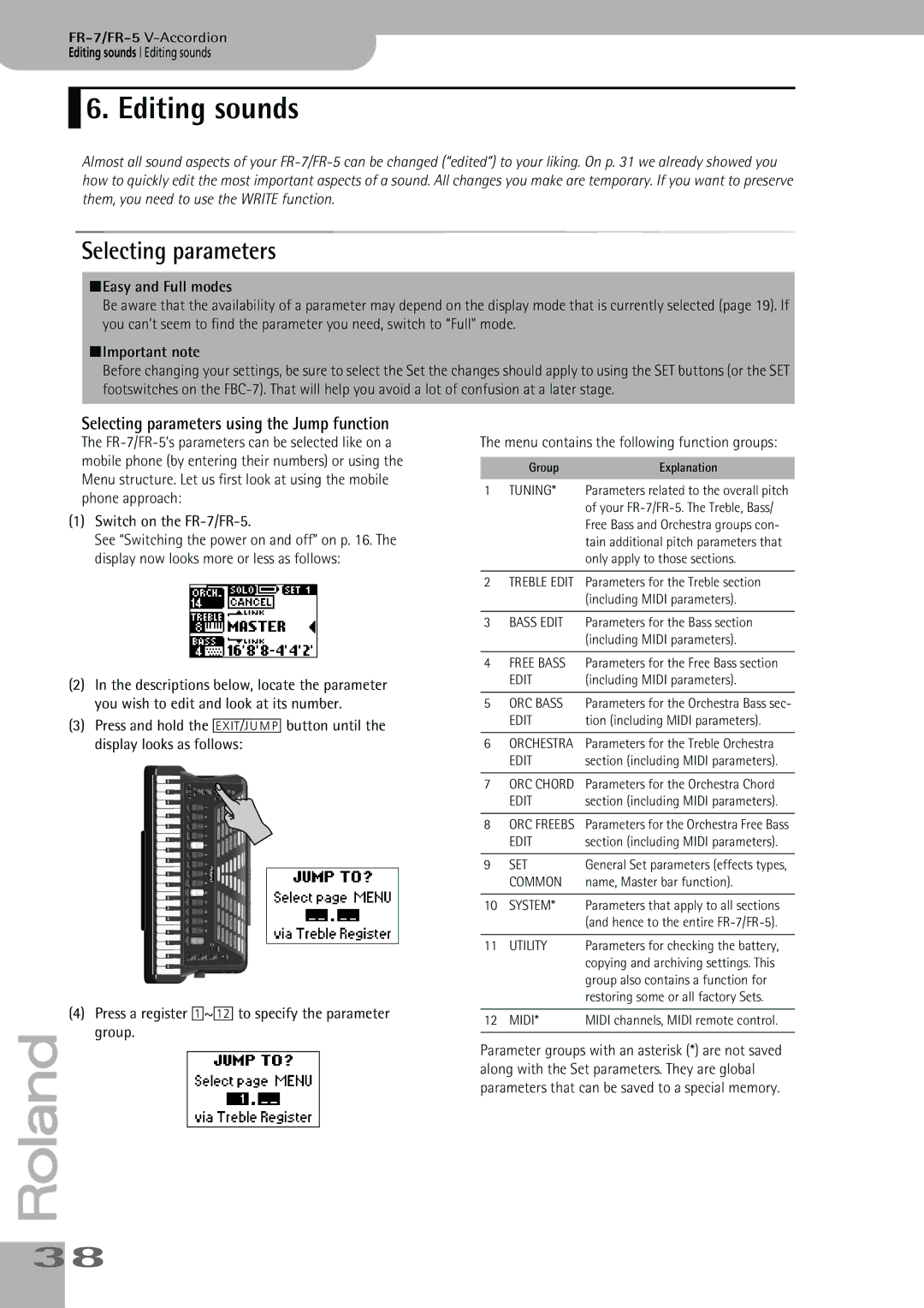 Roland FR-7, FR-5 Editing sounds, Selecting parameters using the Jump function, Easy and Full modes, Important note 