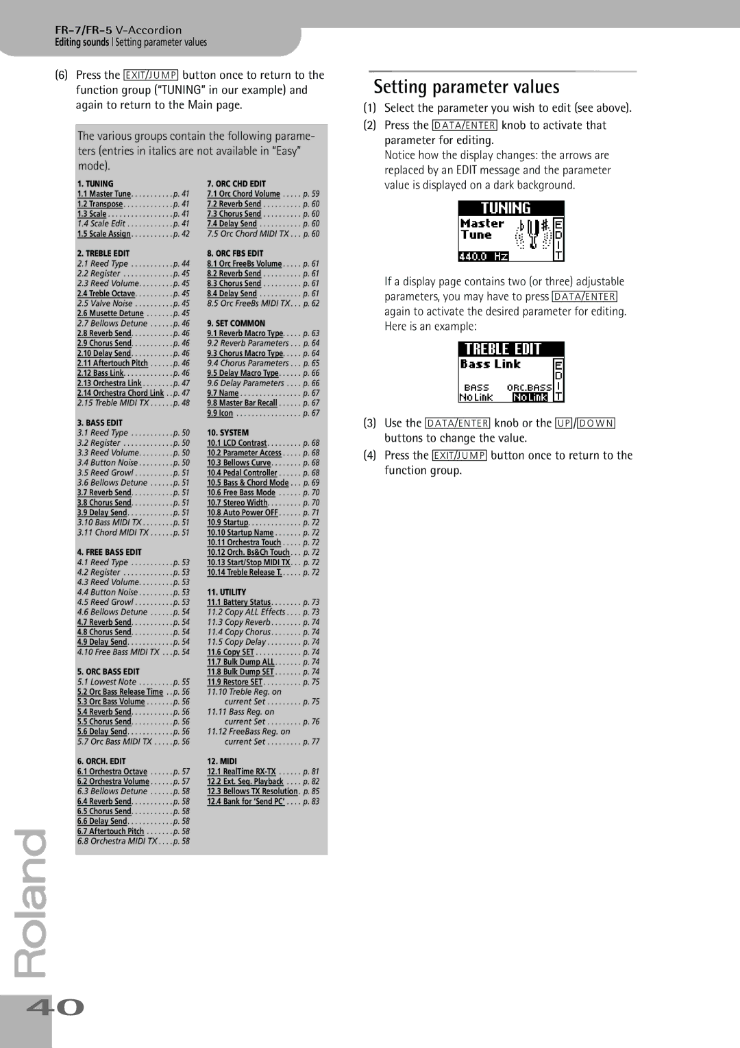 Roland FR-7, FR-5 owner manual Setting parameter values, Parameter for editing, Buttons to change the value, Function group 
