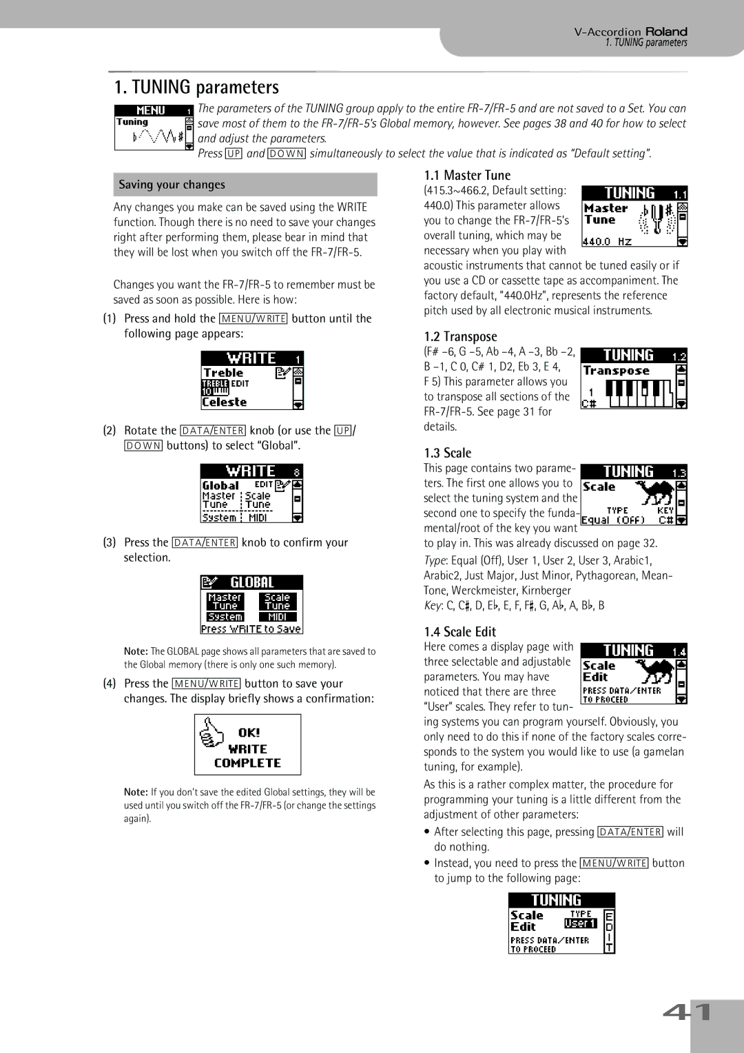 Roland FR-5, FR-7 owner manual Tuning parameters, Master Tune, Transpose, Scale Edit 