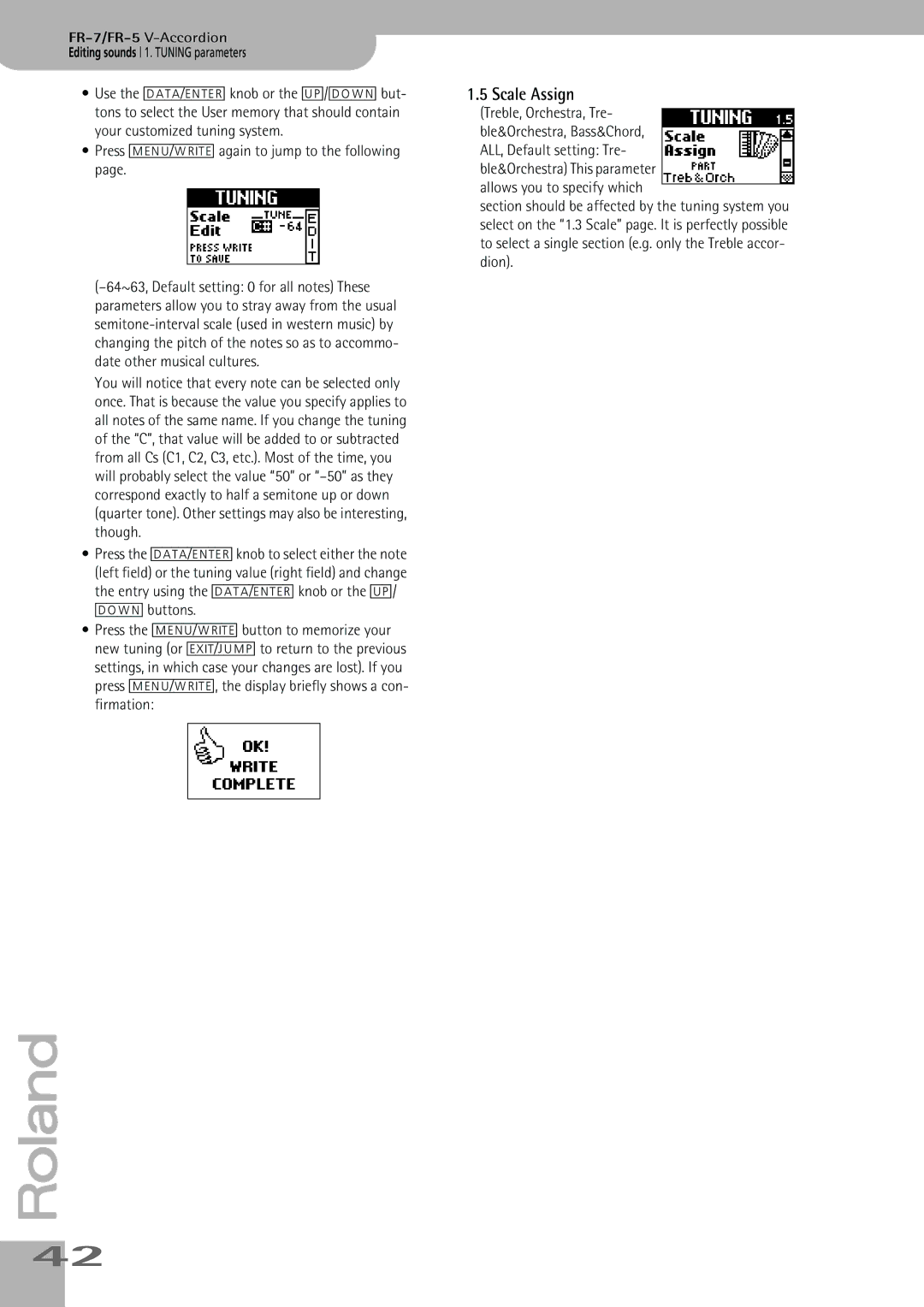 Roland FR-7, FR-5 owner manual Scale Assign, Press MENU÷WRITE again to jump to the following 