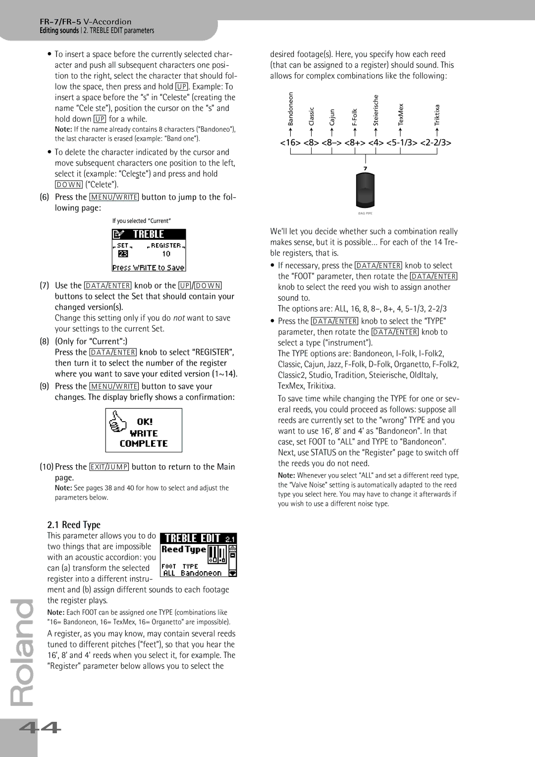 Roland FR-7, FR-5 owner manual Reed Type, Hold down UP for a while, Register plays, Register into a different instru 