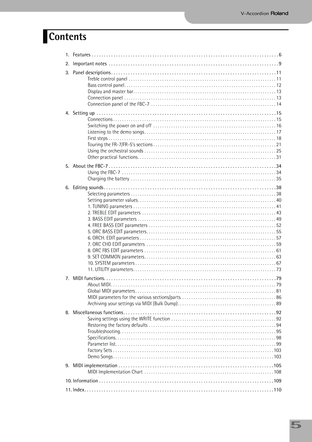 Roland FR-5, FR-7 owner manual Contents 