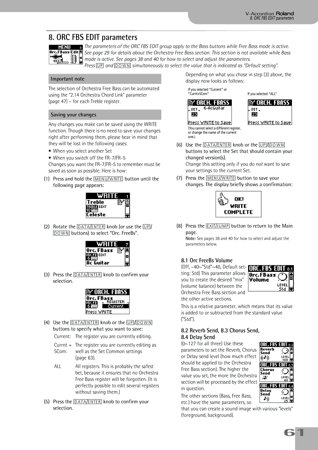 Roland FR-5, FR-7 owner manual ORC FBS Edit parameters, Orc FreeBs Volume, Reverb Send, 8.3 Chorus Send Delay Send 