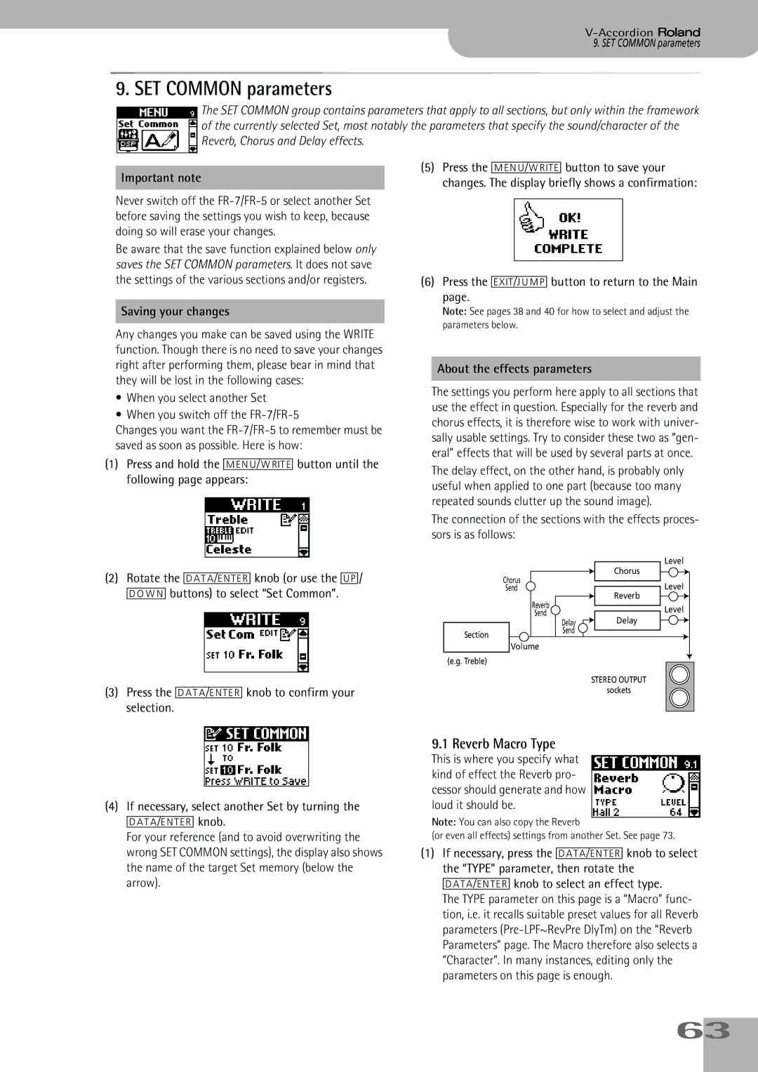 Roland FR-5, FR-7 owner manual SET Common parameters, Reverb Macro Type, About the effects parameters 